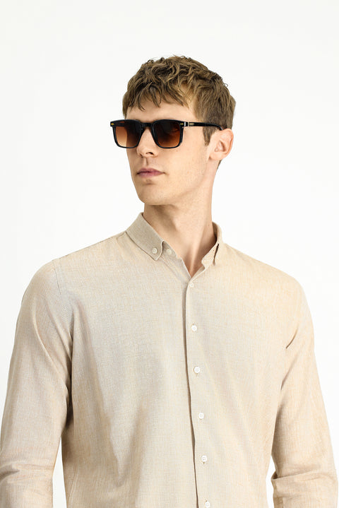 Medium Brown Long Sleeve Slim Fit Narrow Cut Cotton Linen Button-Down Collar Shirt