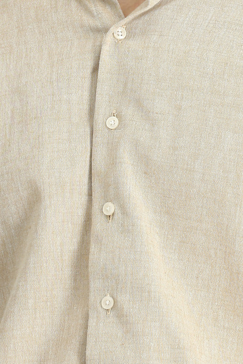 Medium Brown Long Sleeve Slim Fit Narrow Cut Cotton Linen Button-Down Collar Shirt