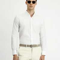 White Long Sleeve Slim Fit Narrow Cut Cotton Linen Button-Down Collar Shirt