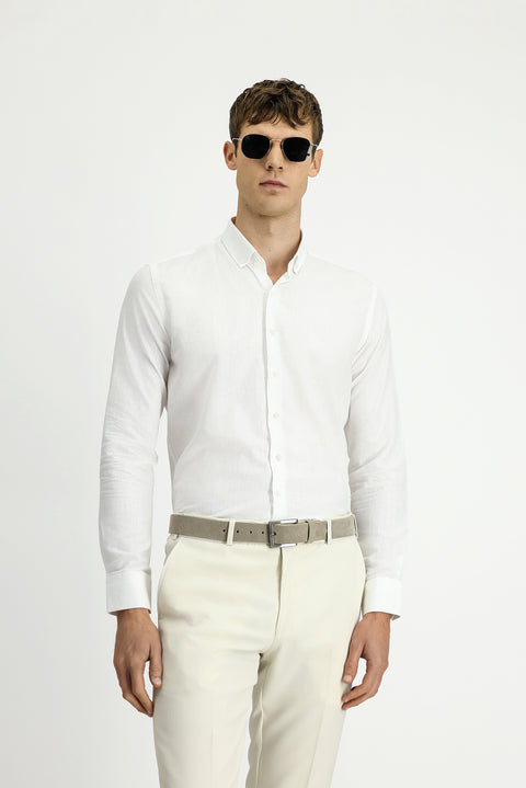 White Long Sleeve Slim Fit Narrow Cut Cotton Linen Button-Down Collar Shirt