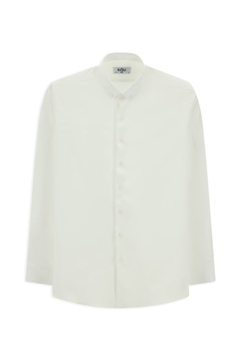 White Long Sleeve Slim Fit Narrow Cut Cotton Linen Button-Down Collar Shirt