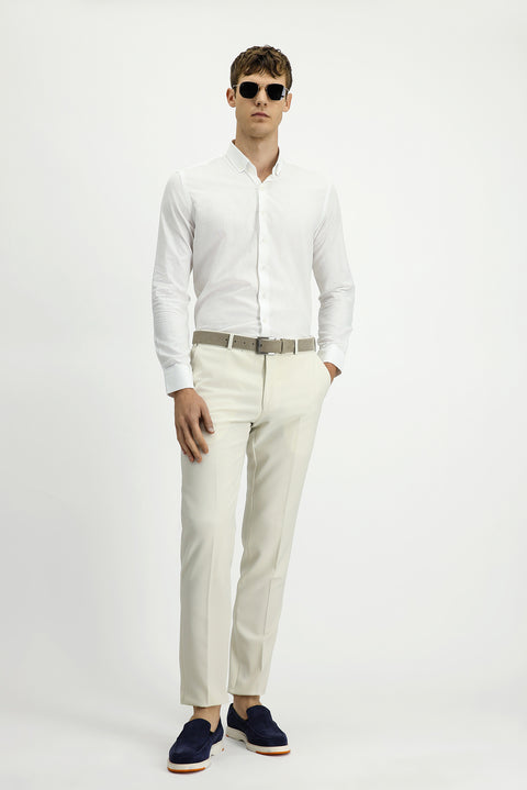 White Long Sleeve Slim Fit Narrow Cut Cotton Linen Button-Down Collar Shirt