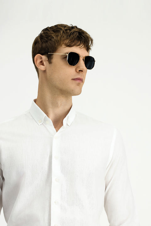 White Long Sleeve Slim Fit Narrow Cut Cotton Linen Button-Down Collar Shirt