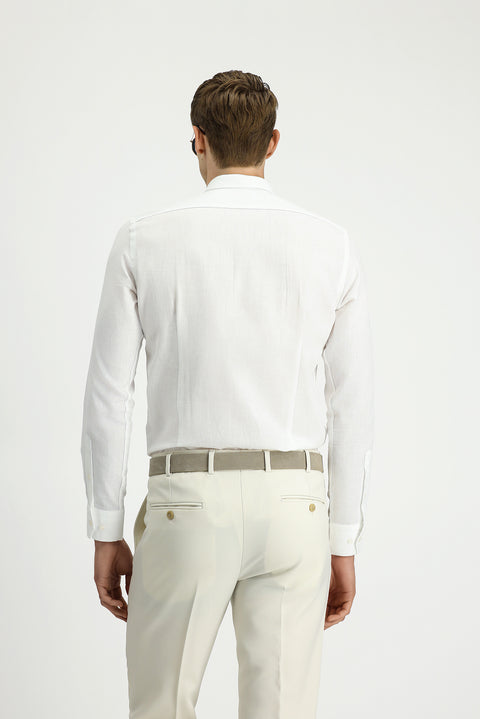White Long Sleeve Slim Fit Narrow Cut Cotton Linen Button-Down Collar Shirt