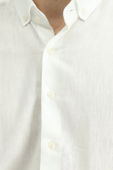 White Long Sleeve Slim Fit Narrow Cut Cotton Linen Button-Down Collar Shirt