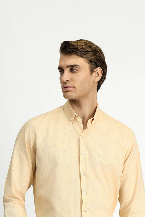 Mustard Yellow Long Sleeve Slim Fit Narrow Cut Cotton Linen Button-Down Collar Shirt