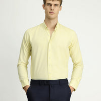 Yellow Long Sleeve Slim Fit Narrow Cut Cotton Linen Button-Down Collar Shirt