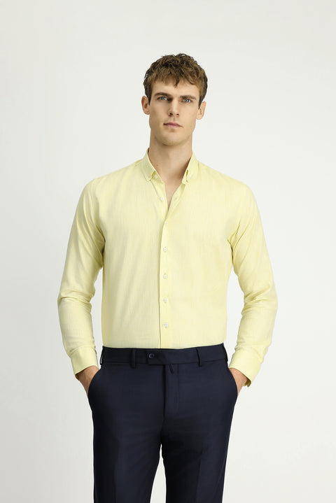 Yellow Long Sleeve Slim Fit Narrow Cut Cotton Linen Button-Down Collar Shirt