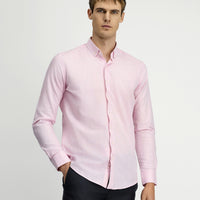 Pink Long Sleeve Slim Fit Narrow Cut Cotton Linen Button-Down Collar Shirt