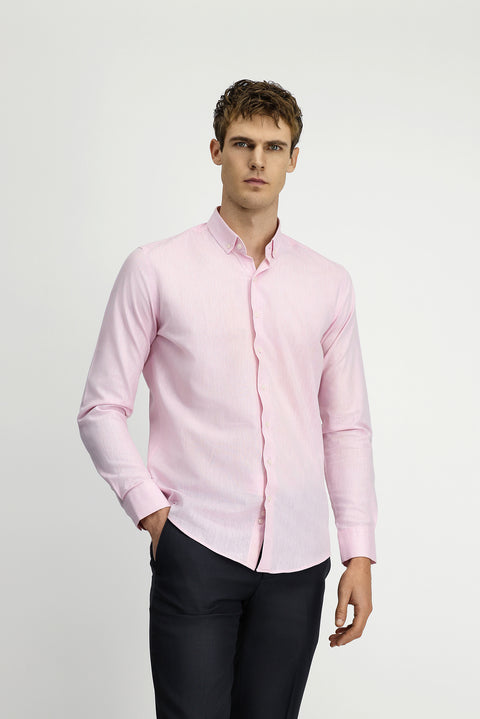 Pink Long Sleeve Slim Fit Narrow Cut Cotton Linen Button-Down Collar Shirt