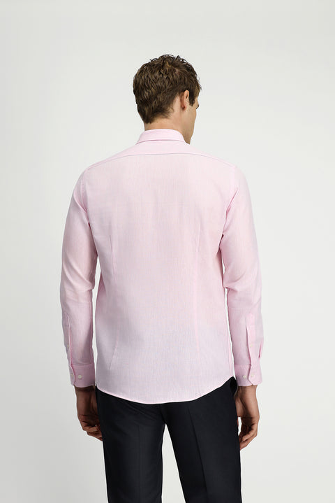 Pink Long Sleeve Slim Fit Narrow Cut Cotton Linen Button-Down Collar Shirt