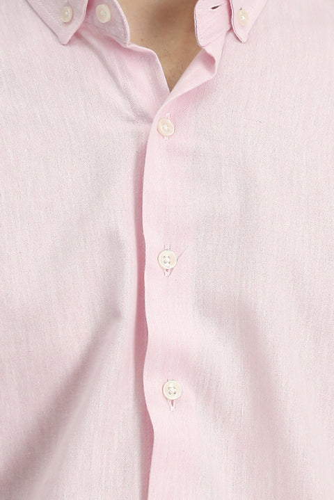 Pink Long Sleeve Slim Fit Narrow Cut Cotton Linen Button-Down Collar Shirt