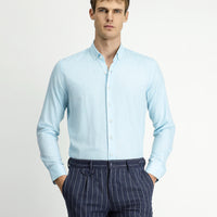 Medium Turquoise Long Sleeve Slim Fit Narrow Cut Cotton Linen Button-Down Collar Shirt
