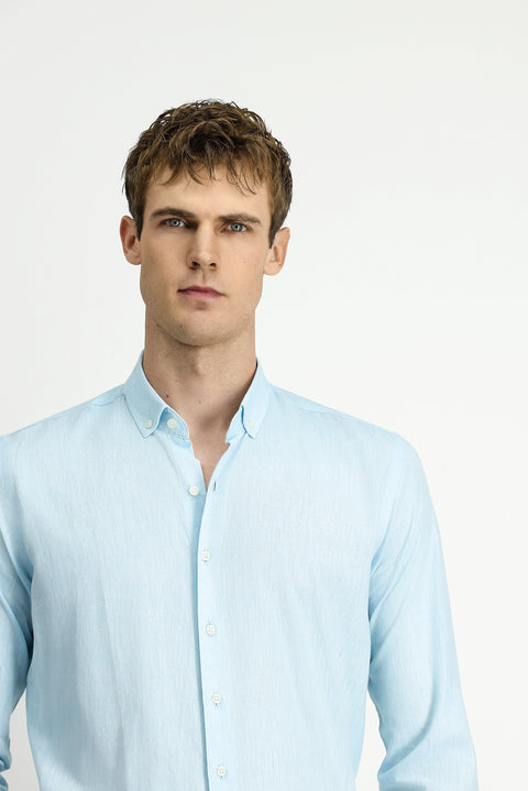 Medium Turquoise Long Sleeve Slim Fit Narrow Cut Cotton Linen Button-Down Collar Shirt