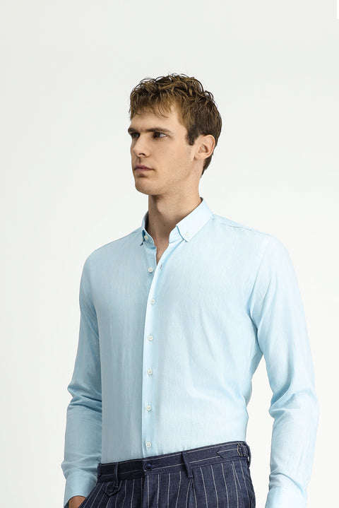Medium Turquoise Long Sleeve Slim Fit Narrow Cut Cotton Linen Button-Down Collar Shirt