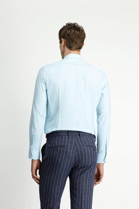 Medium Turquoise Long Sleeve Slim Fit Narrow Cut Cotton Linen Button-Down Collar Shirt