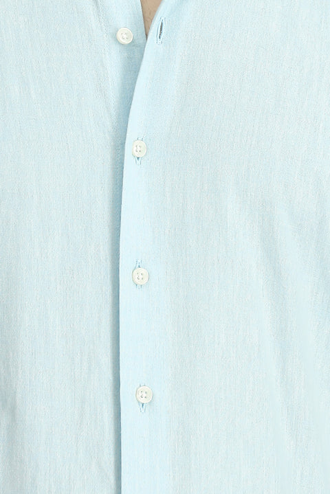 Medium Turquoise Long Sleeve Slim Fit Narrow Cut Cotton Linen Button-Down Collar Shirt