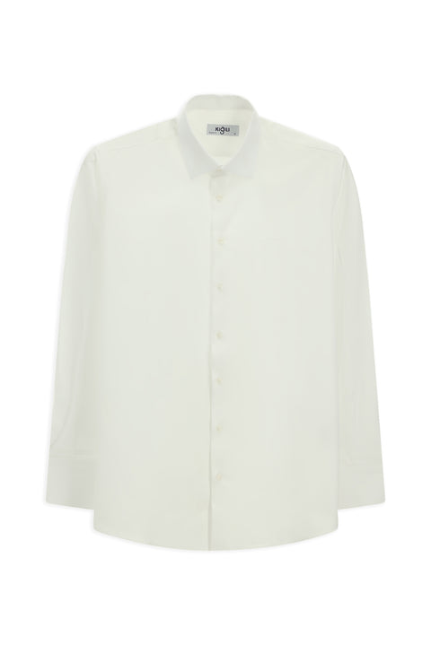 White Long-Sleeve Classic Patterned Cotton Shirt