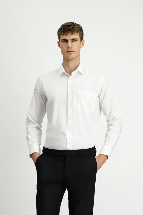 White Long-Sleeve Classic Patterned Cotton Shirt