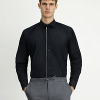 Black Long Sleeve Regular Fit Zip-Up Cotton Shirt