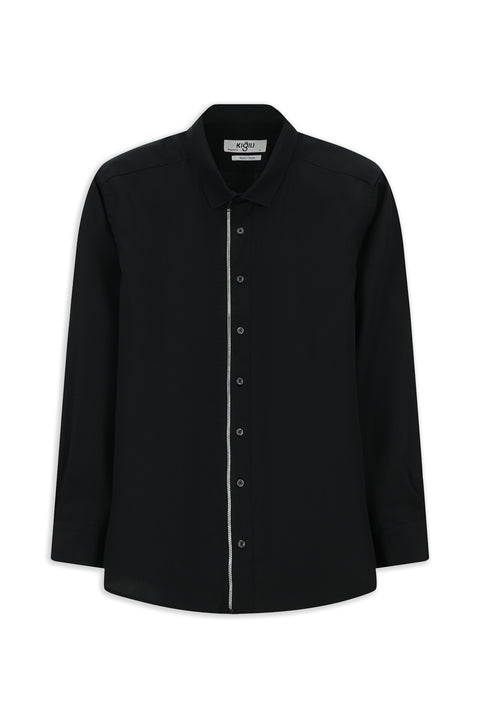 Black Long Sleeve Regular Fit Zip-Up Cotton Shirt