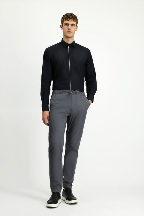 Black Long Sleeve Regular Fit Zip-Up Cotton Shirt