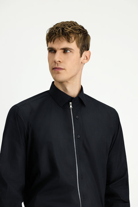 Black Long Sleeve Regular Fit Zip-Up Cotton Shirt