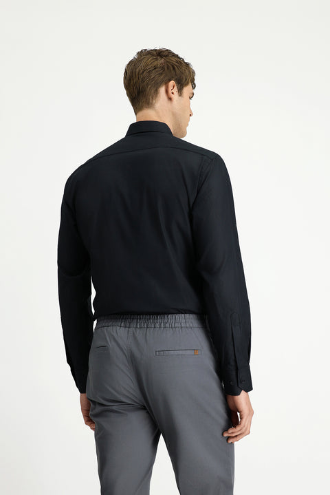 Black Long Sleeve Regular Fit Zip-Up Cotton Shirt