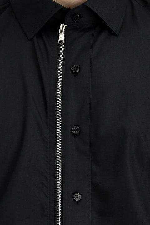 Black Long Sleeve Regular Fit Zip-Up Cotton Shirt