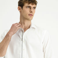 White Long Sleeve Regular Fit Zip-Up Cotton Shirt