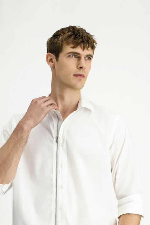 White Long Sleeve Regular Fit Zip-Up Cotton Shirt