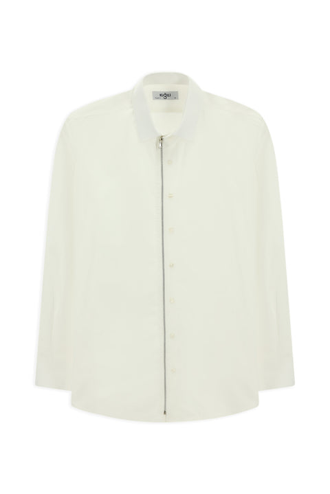 White Long Sleeve Regular Fit Zip-Up Cotton Shirt