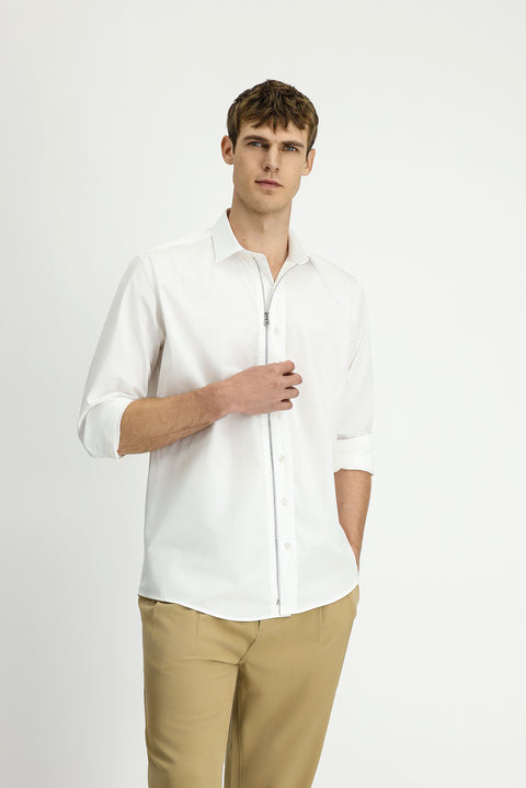 White Long Sleeve Regular Fit Zip-Up Cotton Shirt