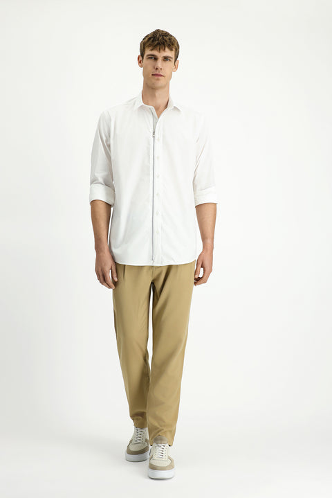 White Long Sleeve Regular Fit Zip-Up Cotton Shirt