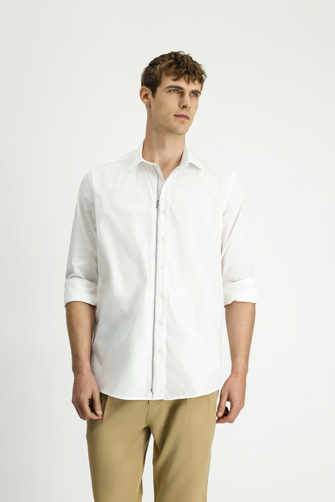 White Long Sleeve Regular Fit Zip-Up Cotton Shirt
