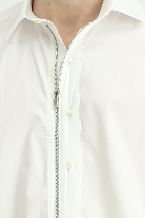 White Long Sleeve Regular Fit Zip-Up Cotton Shirt