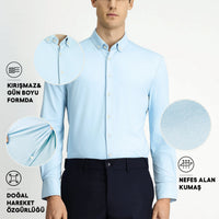 Uçuk Mavi Techno-Line Uzun Kol Regular Fit Likralı Düğmeli Yaka Gömlek