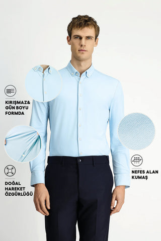 Uçuk Mavi Techno-Line Uzun Kol Regular Fit Likralı Düğmeli Yaka Gömlek