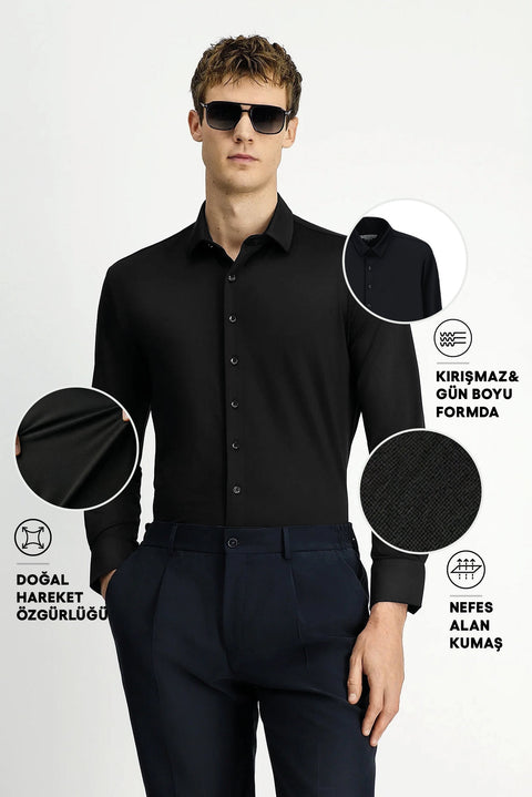 Black Techno-Line Long Sleeve Regular Fit Lycra Stretch Shirt