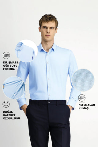  Açık Mavi Techno-Line Uzun Kol Regular Fit Likralı Esnek Gömlek