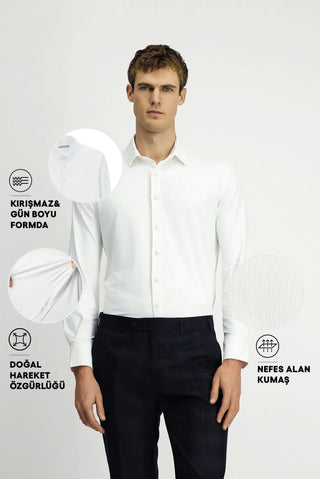  Beyaz Techno-Line Uzun Kol Regular Fit Likralı Esnek Gömlek