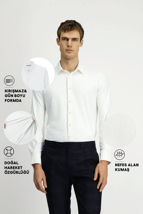 Beyaz Techno-Line Uzun Kol Regular Fit Likralı Esnek Gömlek