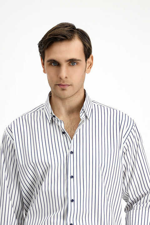 Medium Navy Long Sleeve Classic Striped Cotton Shirt