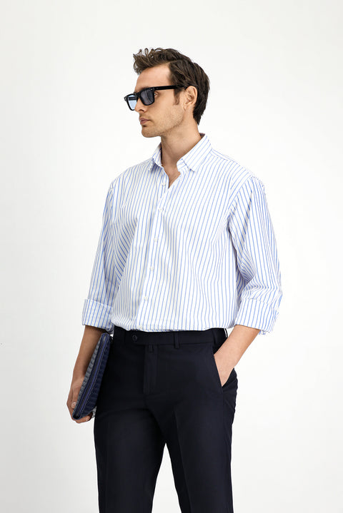 Blue Long-Sleeve Classic Striped Cotton Shirt
