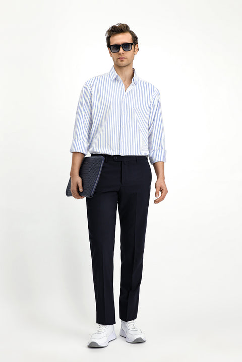 Blue Long-Sleeve Classic Striped Cotton Shirt