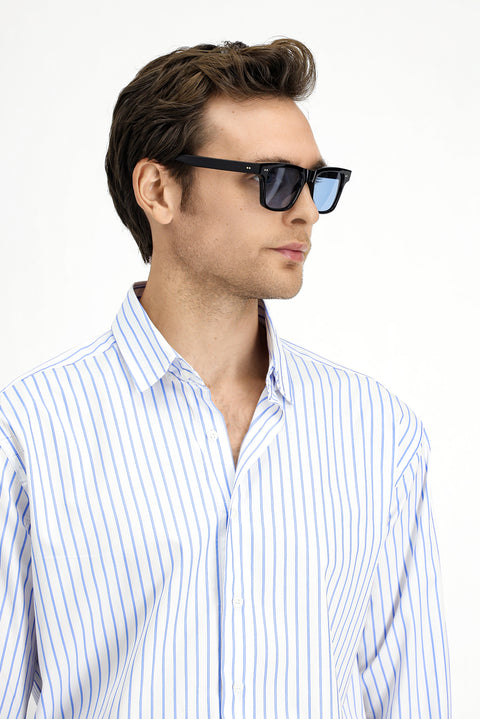 Blue Long-Sleeve Classic Striped Cotton Shirt