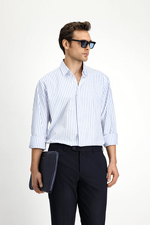 Blue Long-Sleeve Classic Striped Cotton Shirt