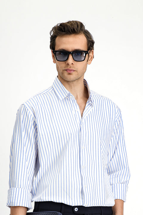 Blue Long-Sleeve Classic Striped Cotton Shirt