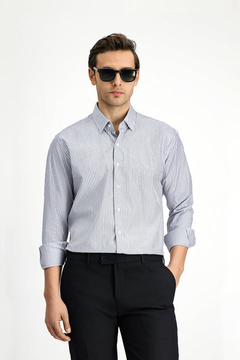 Medium Navy Long Sleeve Classic Striped Cotton Shirt