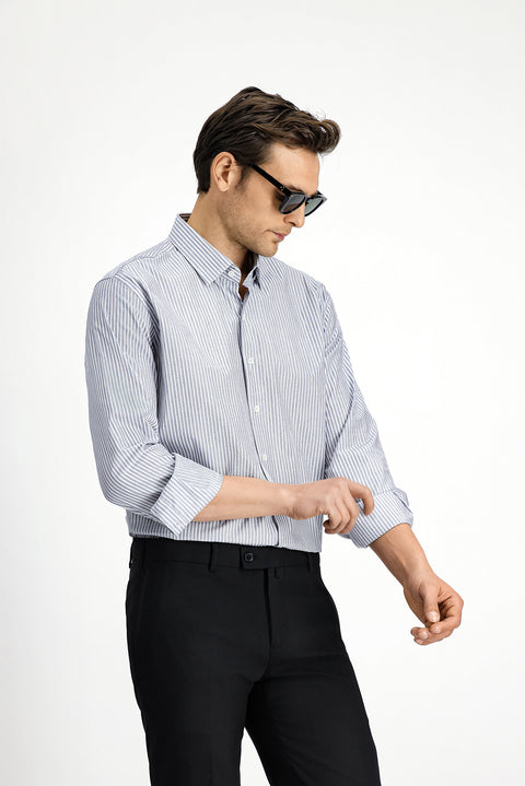 Medium Navy Long Sleeve Classic Striped Cotton Shirt